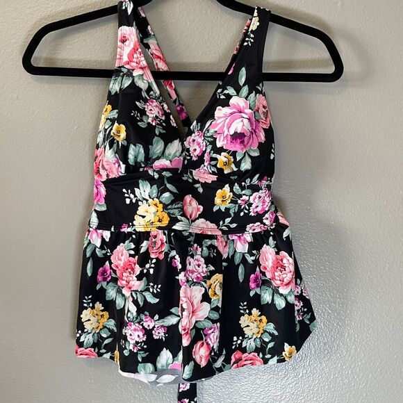 American Beach x Maurices Women's‎ Tankini Top Size S Black and Floral Back Tie - Picture 1 of 10